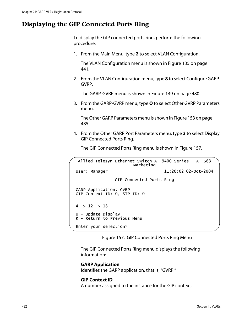 Displaying the gip connected ports ring | Allied Telesis AT-S63 User Manual | Page 492 / 710
