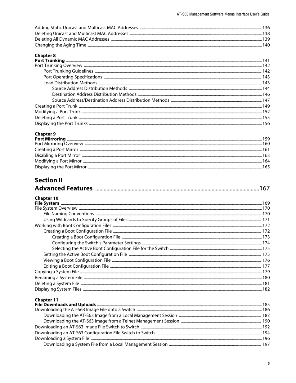 Section ii, Advanced features 167 | Allied Telesis AT-S63 User Manual | Page 5 / 710