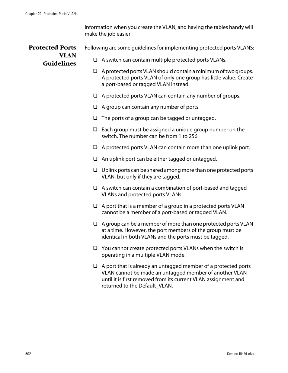 Protected ports vlan guidelines | Allied Telesis AT-S63 User Manual | Page 502 / 710