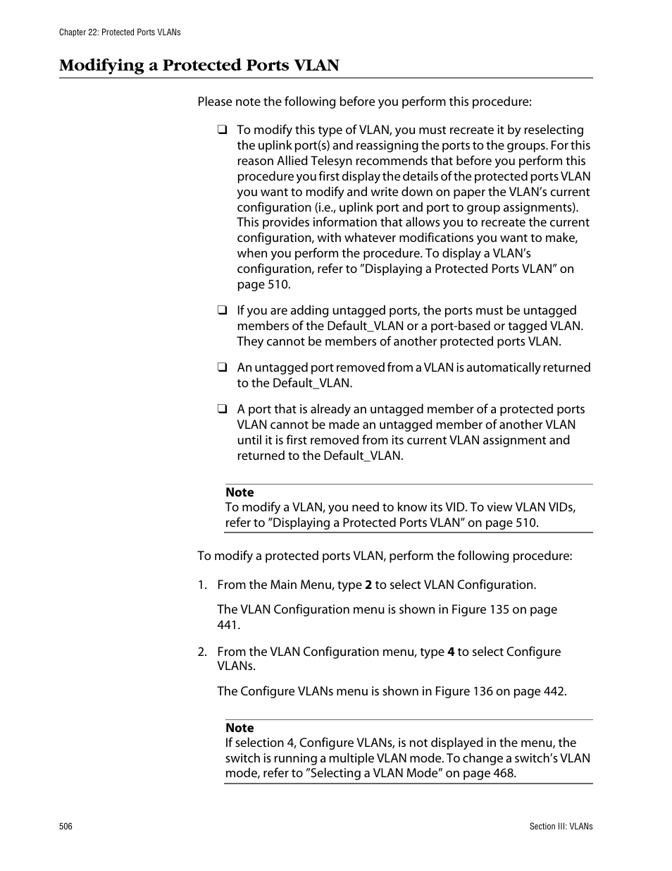 Modifying a protected ports vlan | Allied Telesis AT-S63 User Manual | Page 506 / 710