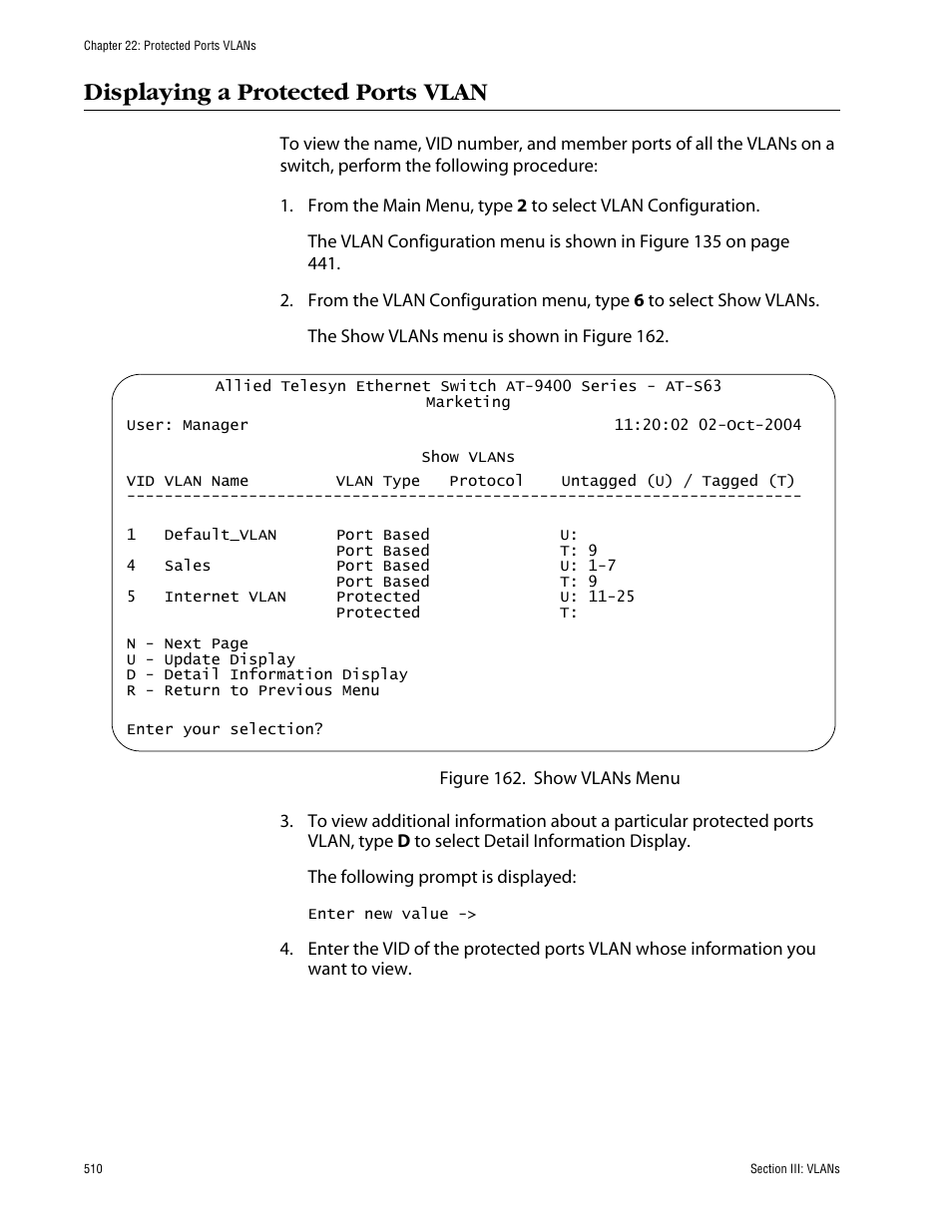 Displaying a protected ports vlan | Allied Telesis AT-S63 User Manual | Page 510 / 710