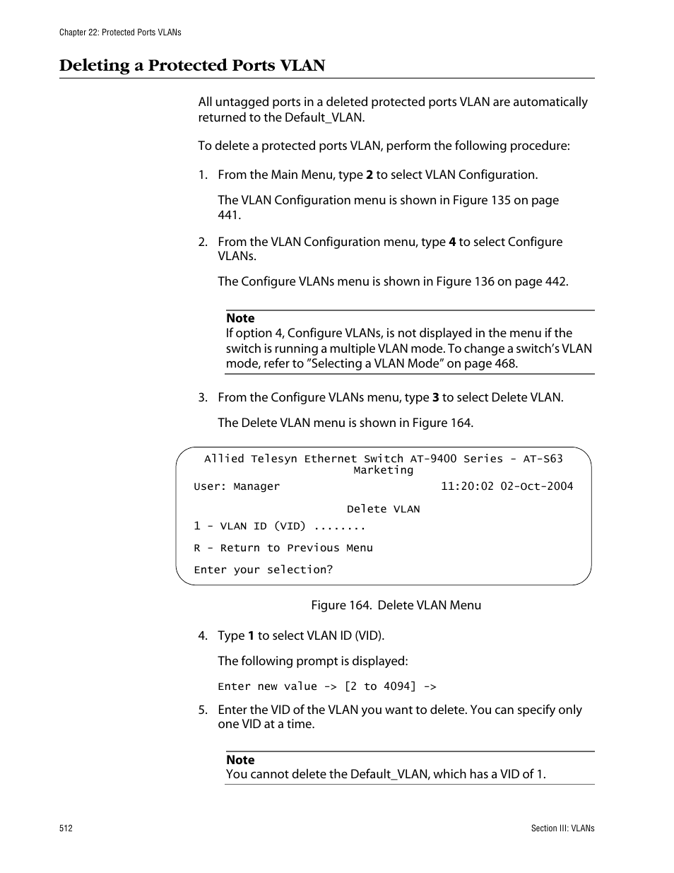 Deleting a protected ports vlan | Allied Telesis AT-S63 User Manual | Page 512 / 710