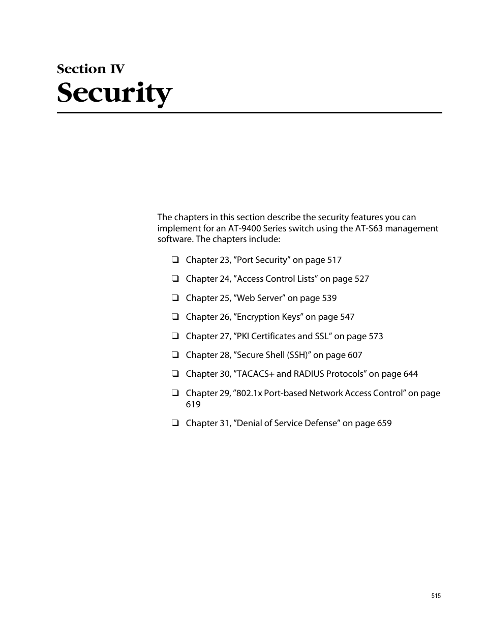 Section iv, Security, Section iv security | Allied Telesis AT-S63 User Manual | Page 515 / 710
