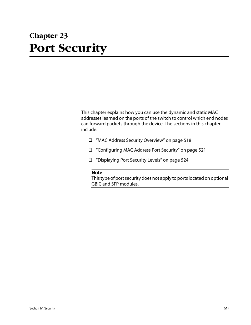 Chapter 23, Port security, Chapter 23 port security | Allied Telesis AT-S63 User Manual | Page 517 / 710