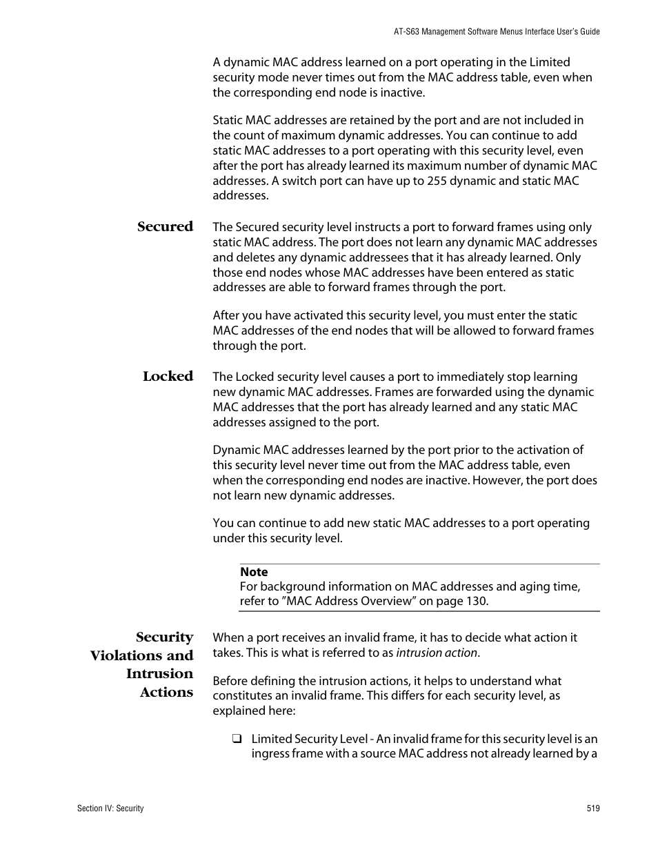 Secured, Locked, Security violations and intrusion actions | Allied Telesis AT-S63 User Manual | Page 519 / 710