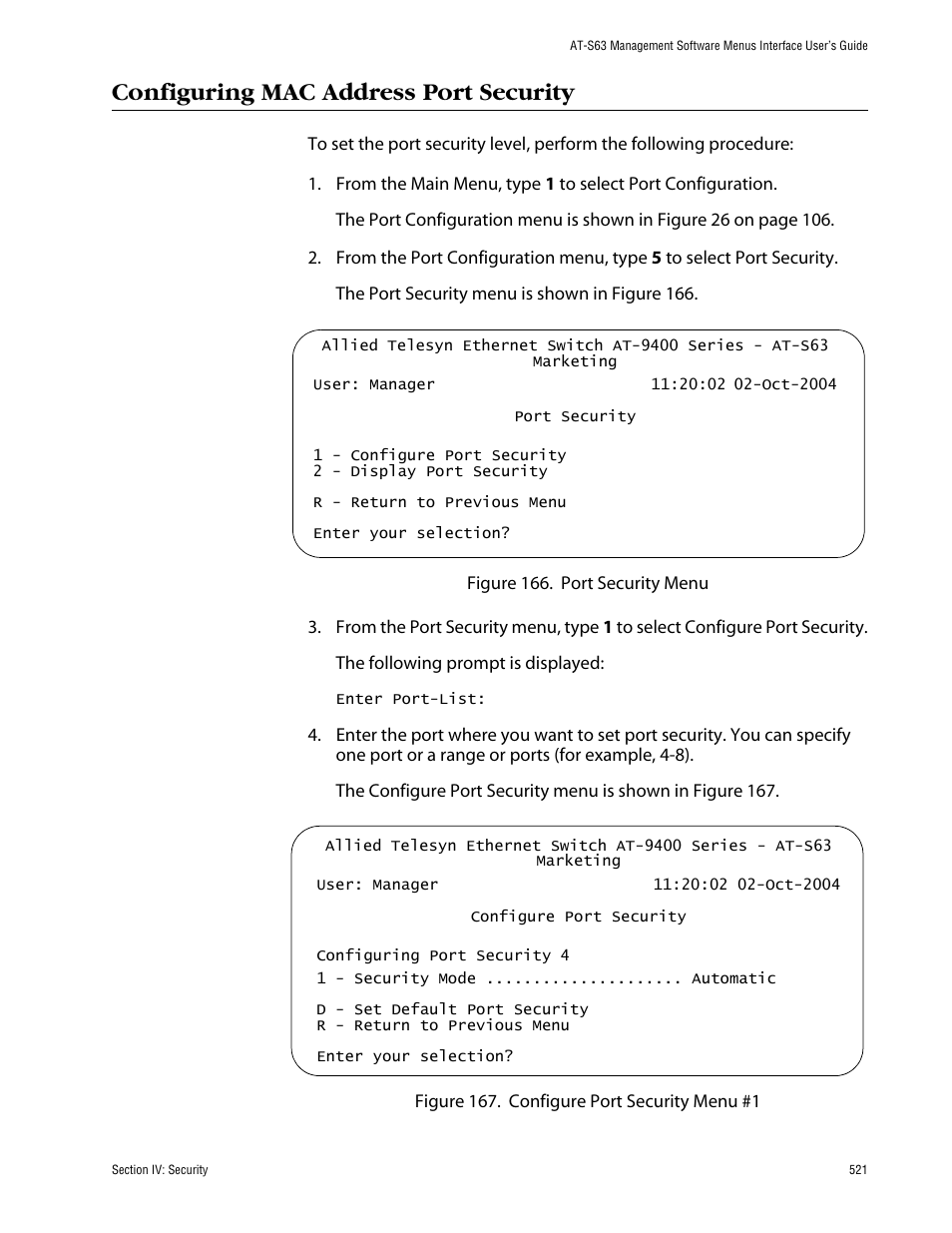 Configuring mac address port security | Allied Telesis AT-S63 User Manual | Page 521 / 710