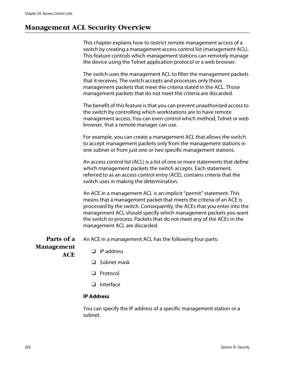 Management acl security overview, Parts of a management ace, Ip address | Allied Telesis AT-S63 User Manual | Page 528 / 710