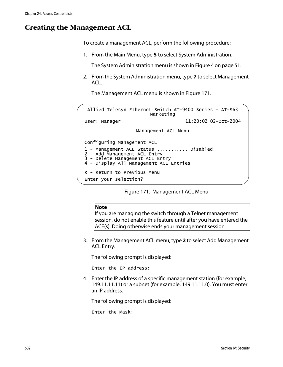 Creating the management acl | Allied Telesis AT-S63 User Manual | Page 532 / 710