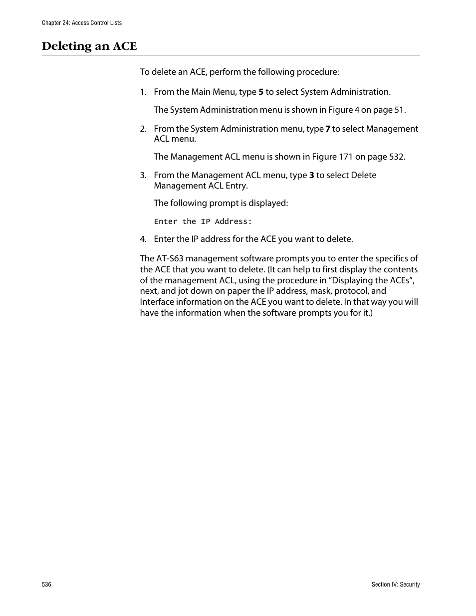 Deleting an ace | Allied Telesis AT-S63 User Manual | Page 536 / 710