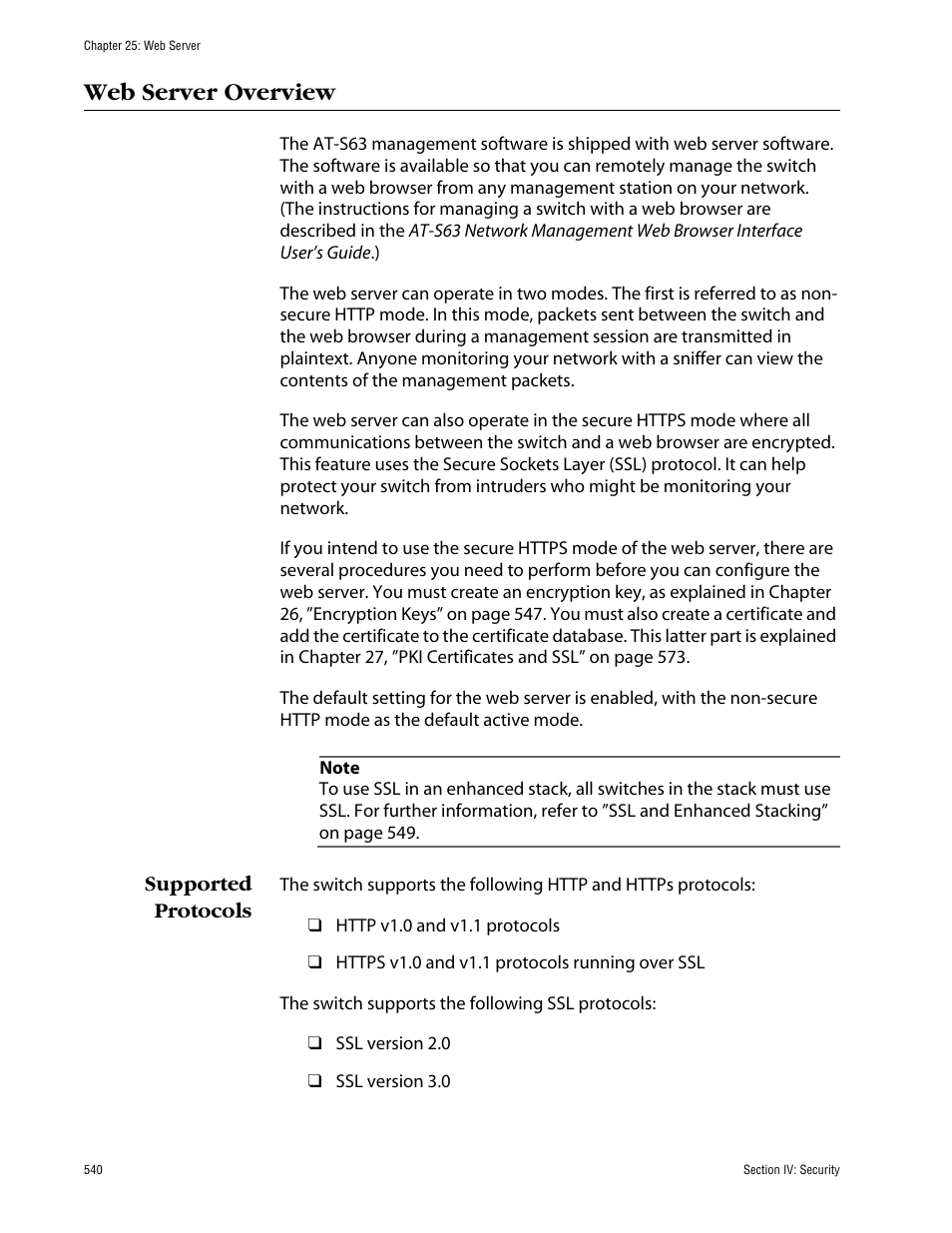 Web server overview, Supported protocols | Allied Telesis AT-S63 User Manual | Page 540 / 710