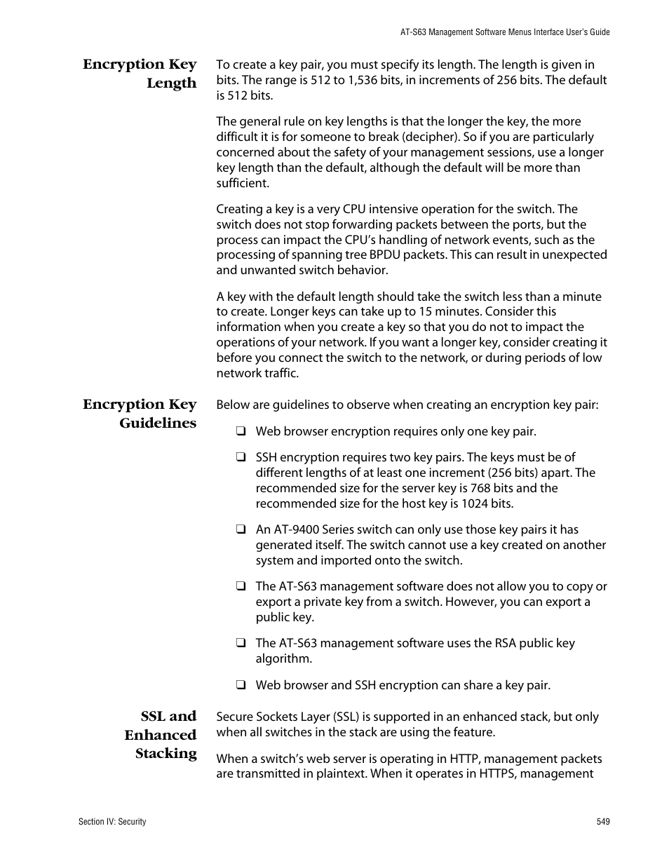 Encryption key length, Encryption key guidelines, Ssl and enhanced stacking | Allied Telesis AT-S63 User Manual | Page 549 / 710