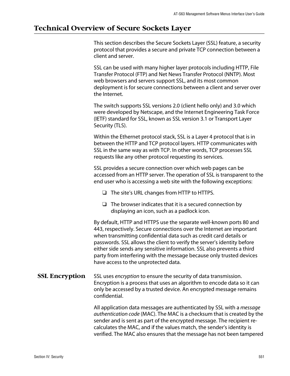 Technical overview of secure sockets layer, Ssl encryption | Allied Telesis AT-S63 User Manual | Page 551 / 710