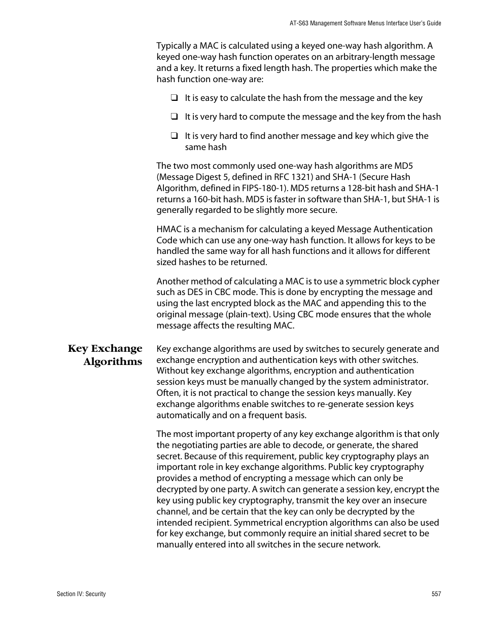 Key exchange algorithms | Allied Telesis AT-S63 User Manual | Page 557 / 710