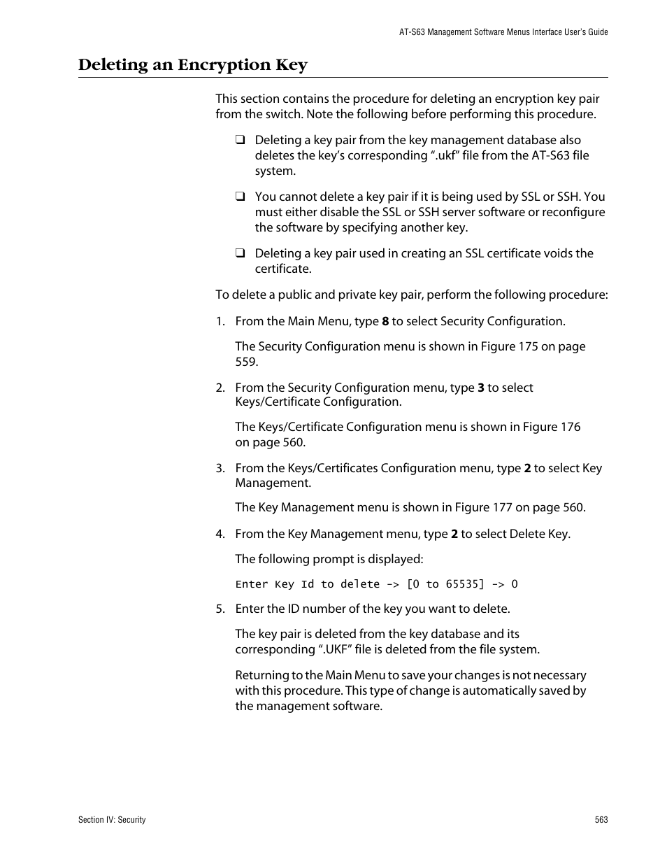 Deleting an encryption key | Allied Telesis AT-S63 User Manual | Page 563 / 710