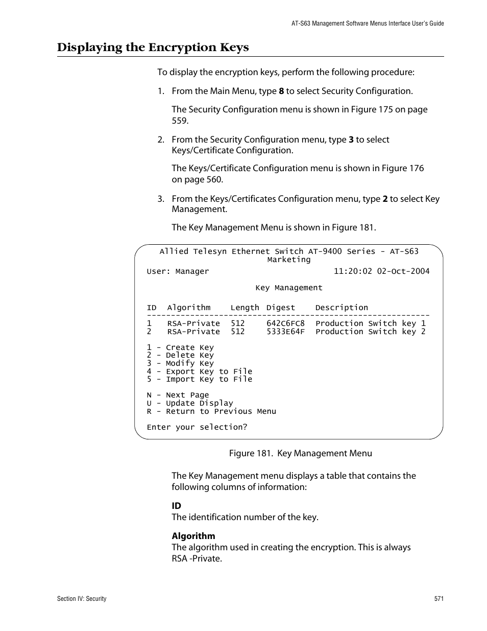 Displaying the encryption keys | Allied Telesis AT-S63 User Manual | Page 571 / 710