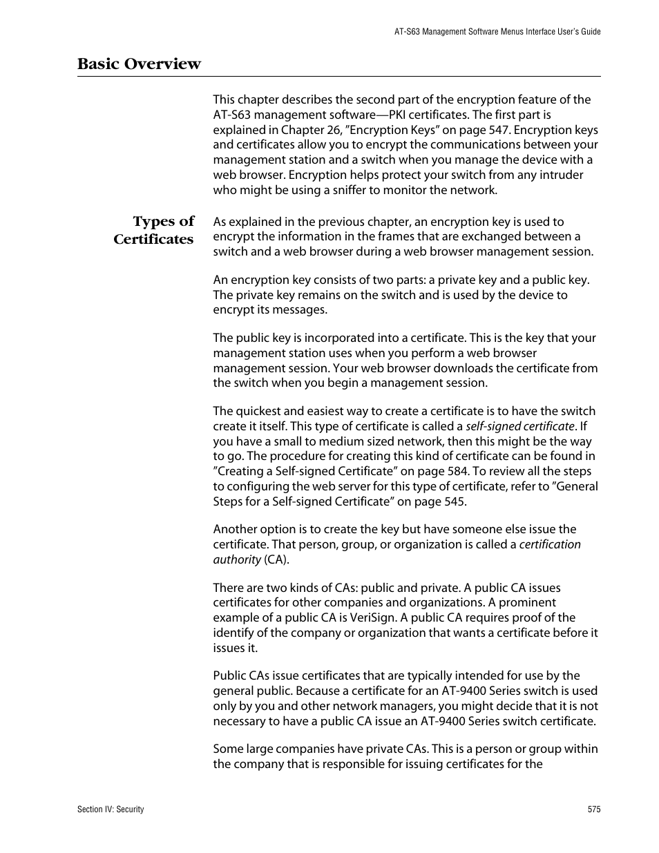 Basic overview, Types of certificates | Allied Telesis AT-S63 User Manual | Page 575 / 710