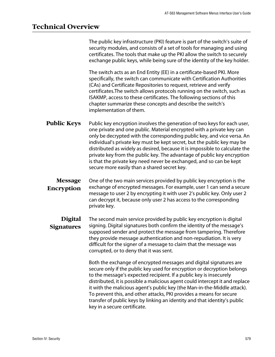 Technical overview, Public keys, Message encryption | Digital signatures, Public keys message encryption digital signatures | Allied Telesis AT-S63 User Manual | Page 579 / 710