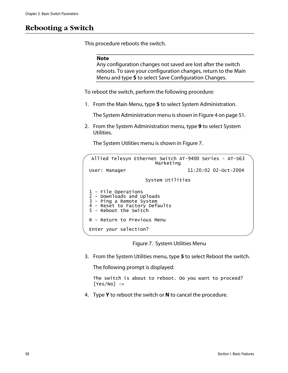 Rebooting a switch | Allied Telesis AT-S63 User Manual | Page 58 / 710