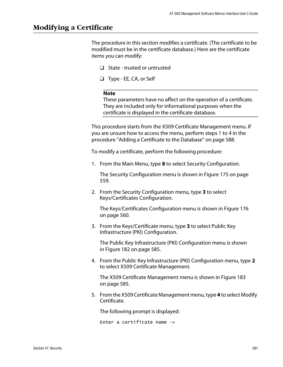 Modifying a certificate | Allied Telesis AT-S63 User Manual | Page 591 / 710