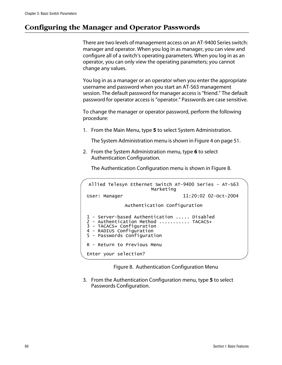 Configuring the manager and operator passwords | Allied Telesis AT-S63 User Manual | Page 60 / 710