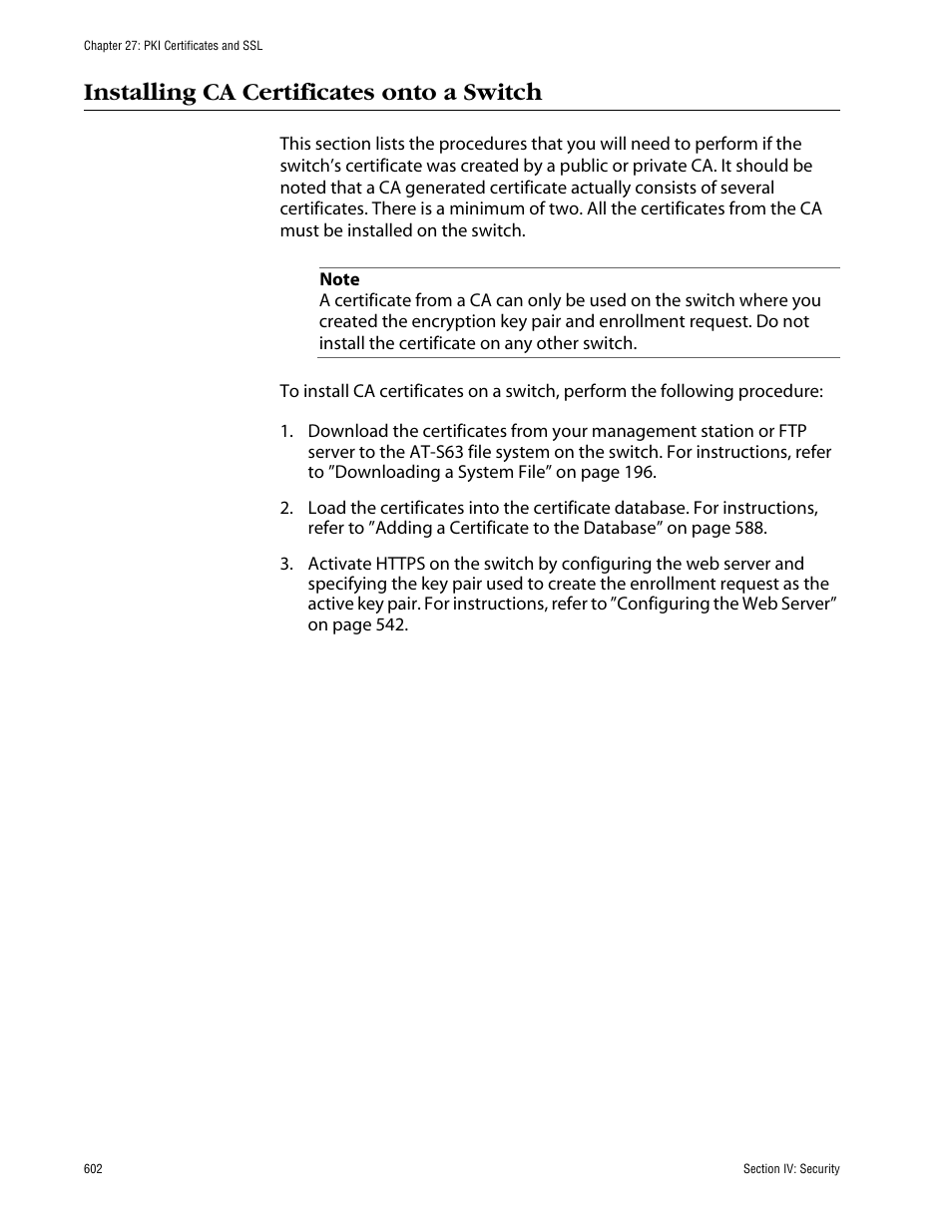 Installing ca certificates onto a switch | Allied Telesis AT-S63 User Manual | Page 602 / 710