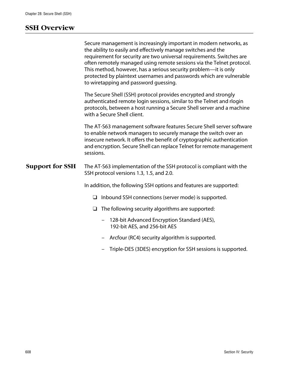 Ssh overview, Support for ssh | Allied Telesis AT-S63 User Manual | Page 608 / 710