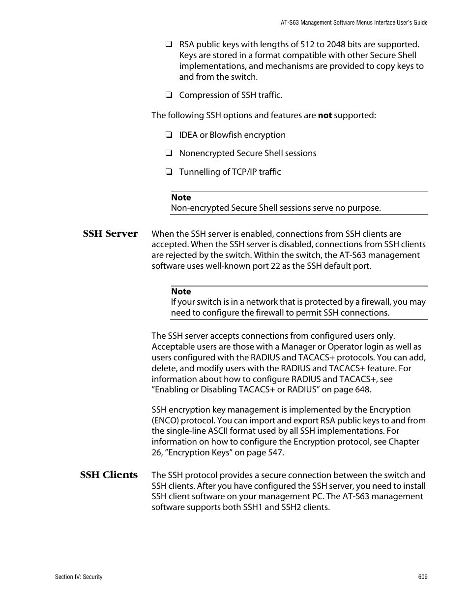 Ssh server, Ssh clients, Ssh server ssh clients | Allied Telesis AT-S63 User Manual | Page 609 / 710