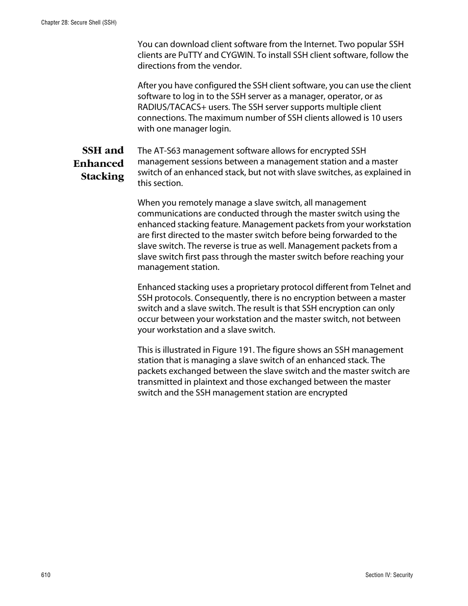 Ssh and enhanced stacking | Allied Telesis AT-S63 User Manual | Page 610 / 710