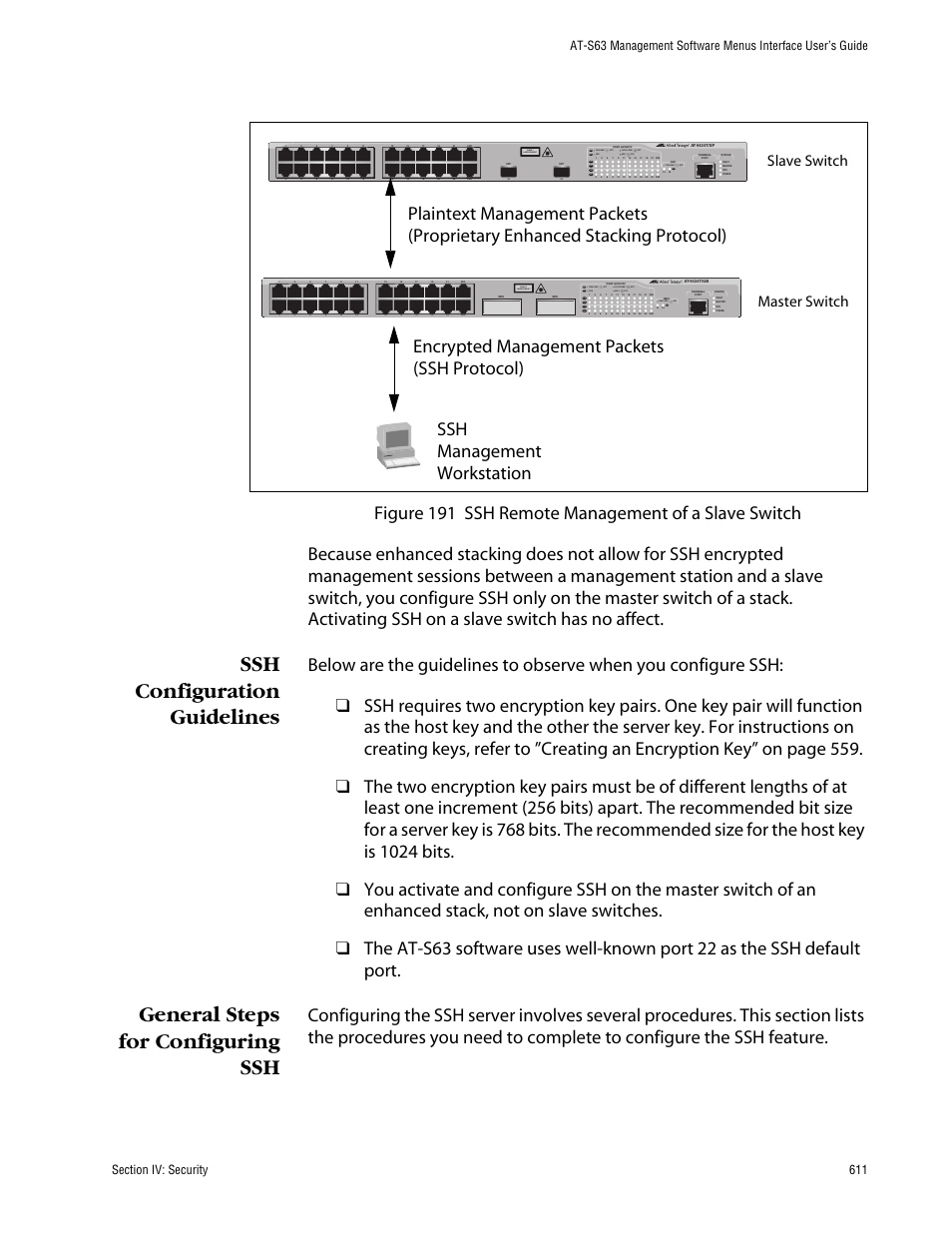 Ssh configuration guidelines, General steps for configuring ssh, Ssh management workstation | Slave switch master switch, Class 1 laser product, L/a d/c d/c l/a d/c l/a | Allied Telesis AT-S63 User Manual | Page 611 / 710