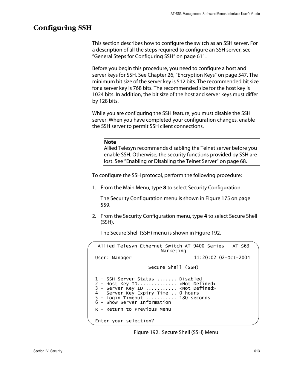 Configuring ssh | Allied Telesis AT-S63 User Manual | Page 613 / 710