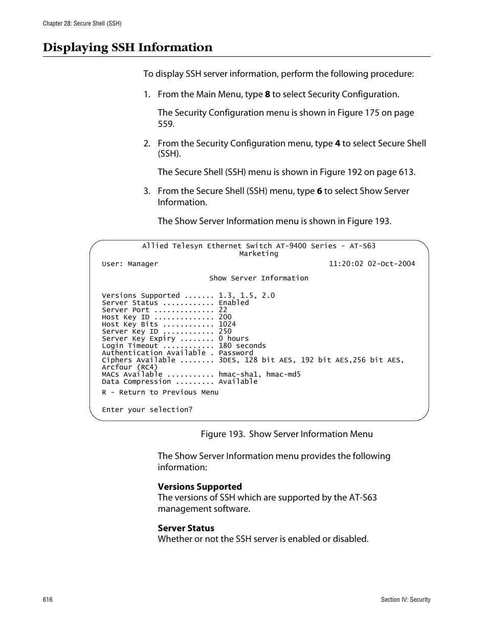 Displaying ssh information | Allied Telesis AT-S63 User Manual | Page 616 / 710