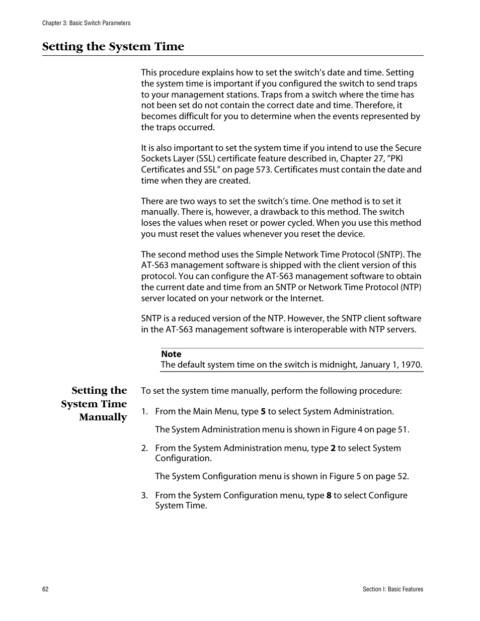Setting the system time, Setting the system time manually | Allied Telesis AT-S63 User Manual | Page 62 / 710