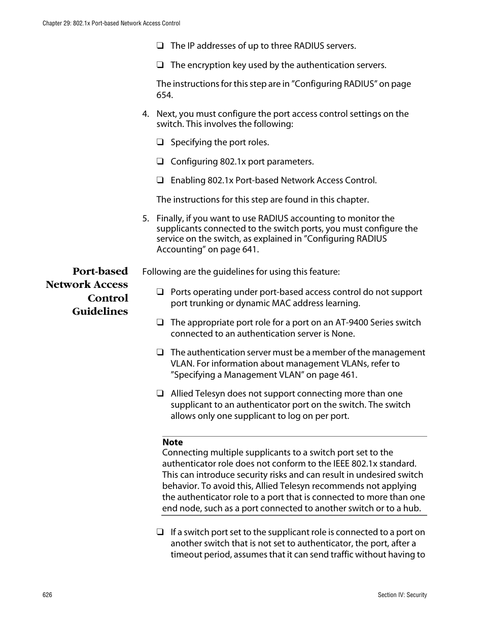 Port-based network access control guidelines | Allied Telesis AT-S63 User Manual | Page 626 / 710