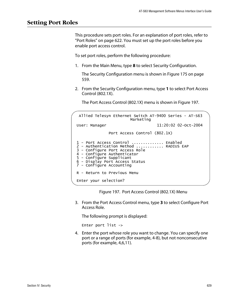 Setting port roles | Allied Telesis AT-S63 User Manual | Page 629 / 710