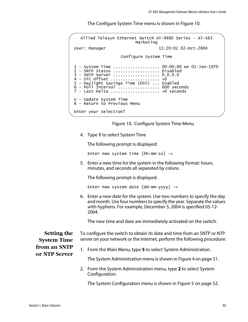 Setting the system time from an sntp or ntp server | Allied Telesis AT-S63 User Manual | Page 63 / 710