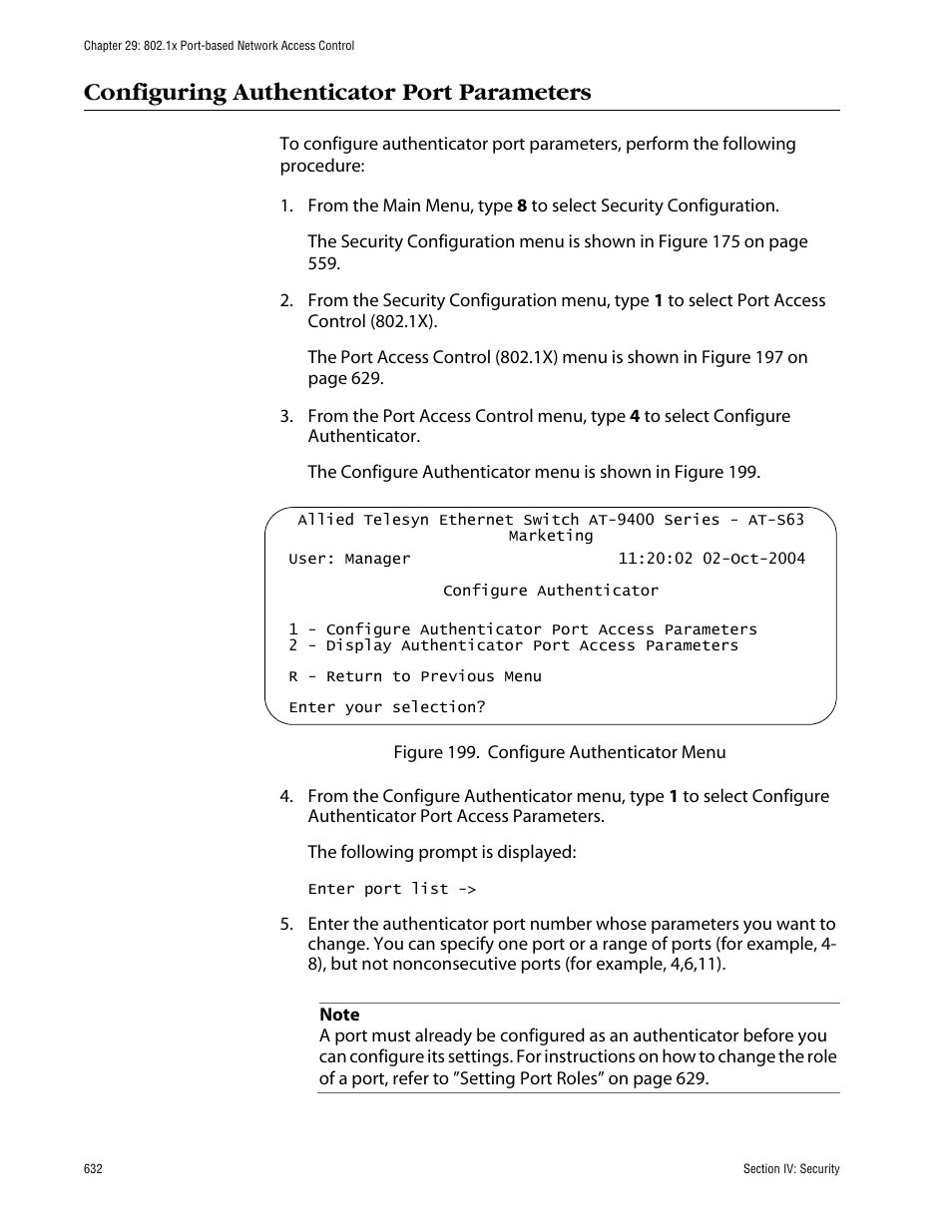 Configuring authenticator port parameters | Allied Telesis AT-S63 User Manual | Page 632 / 710