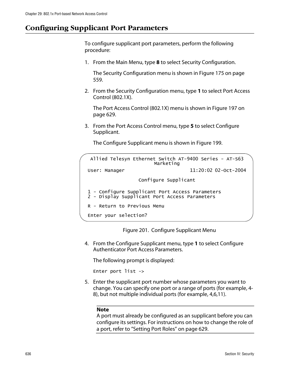 Configuring supplicant port parameters | Allied Telesis AT-S63 User Manual | Page 636 / 710