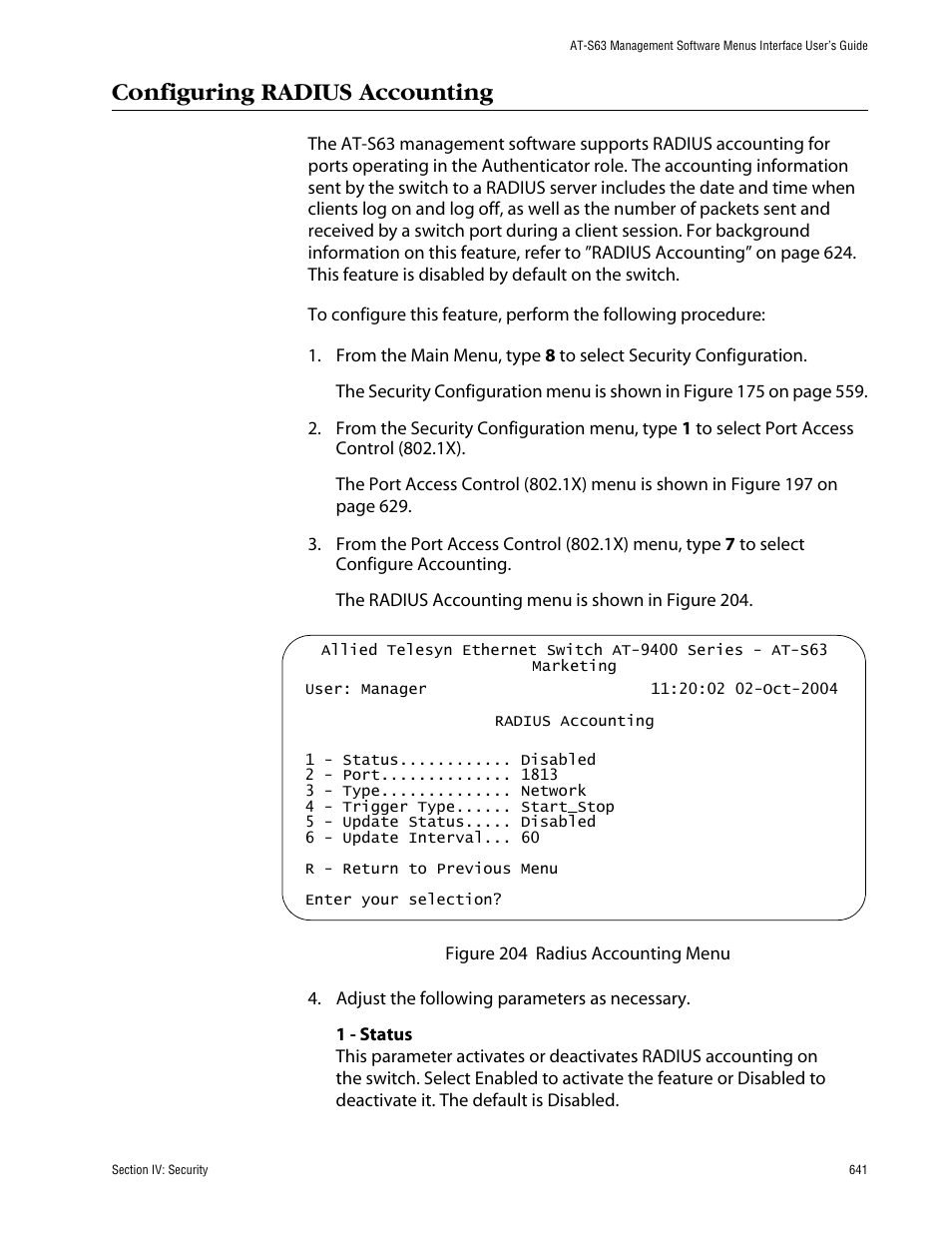 Configuring radius accounting | Allied Telesis AT-S63 User Manual | Page 641 / 710