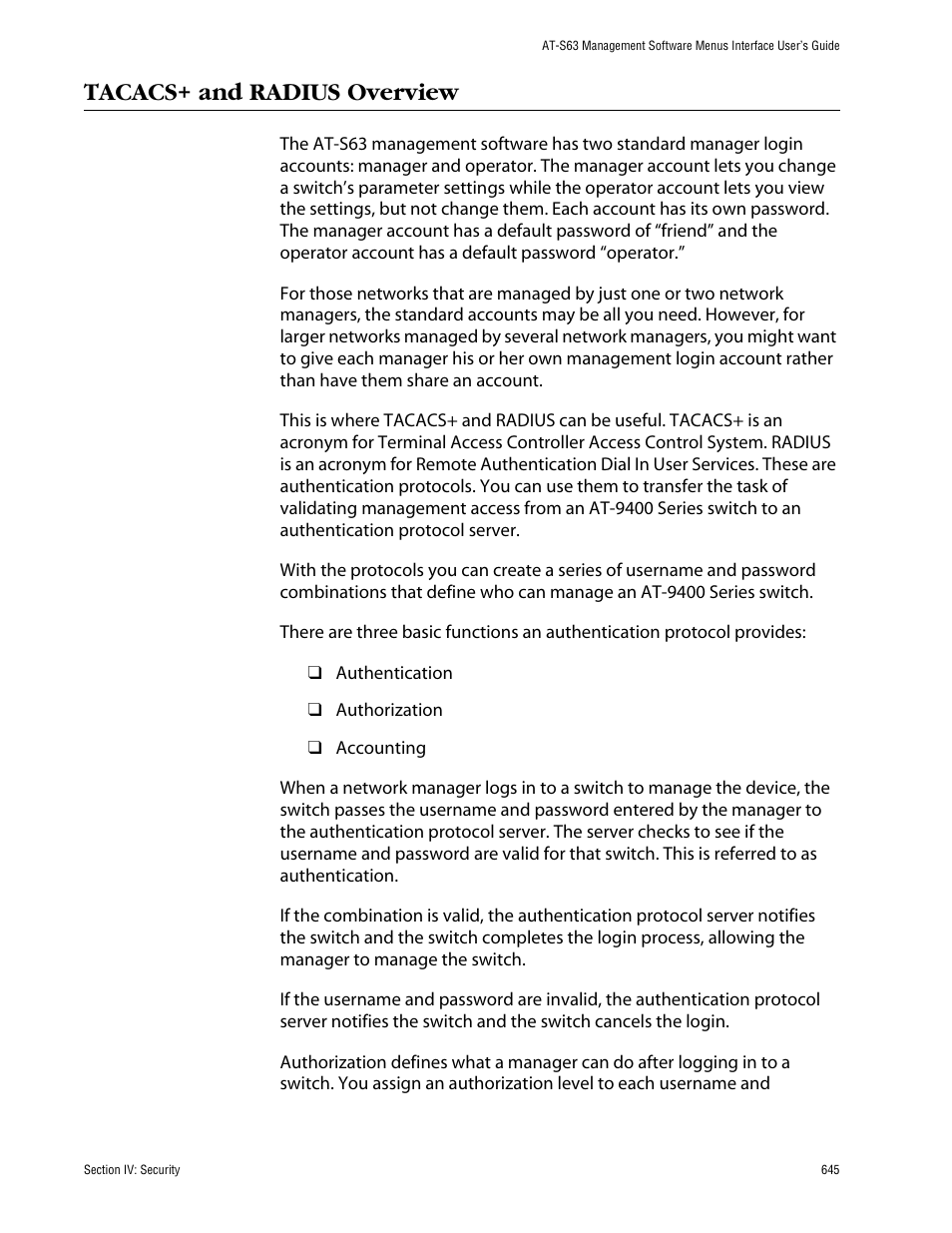 Tacacs+ and radius overview | Allied Telesis AT-S63 User Manual | Page 645 / 710