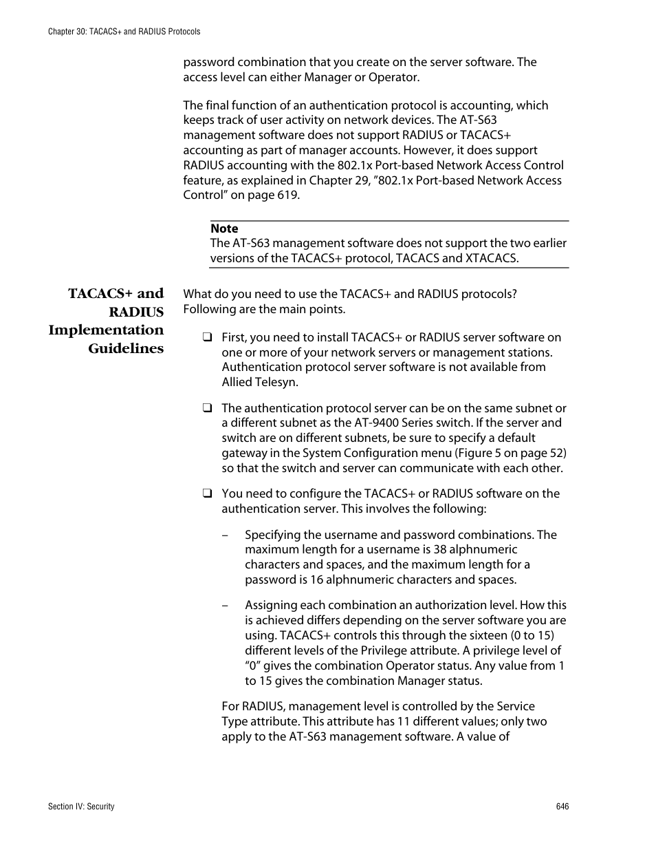 Tacacs+ and radius implementation guidelines | Allied Telesis AT-S63 User Manual | Page 646 / 710