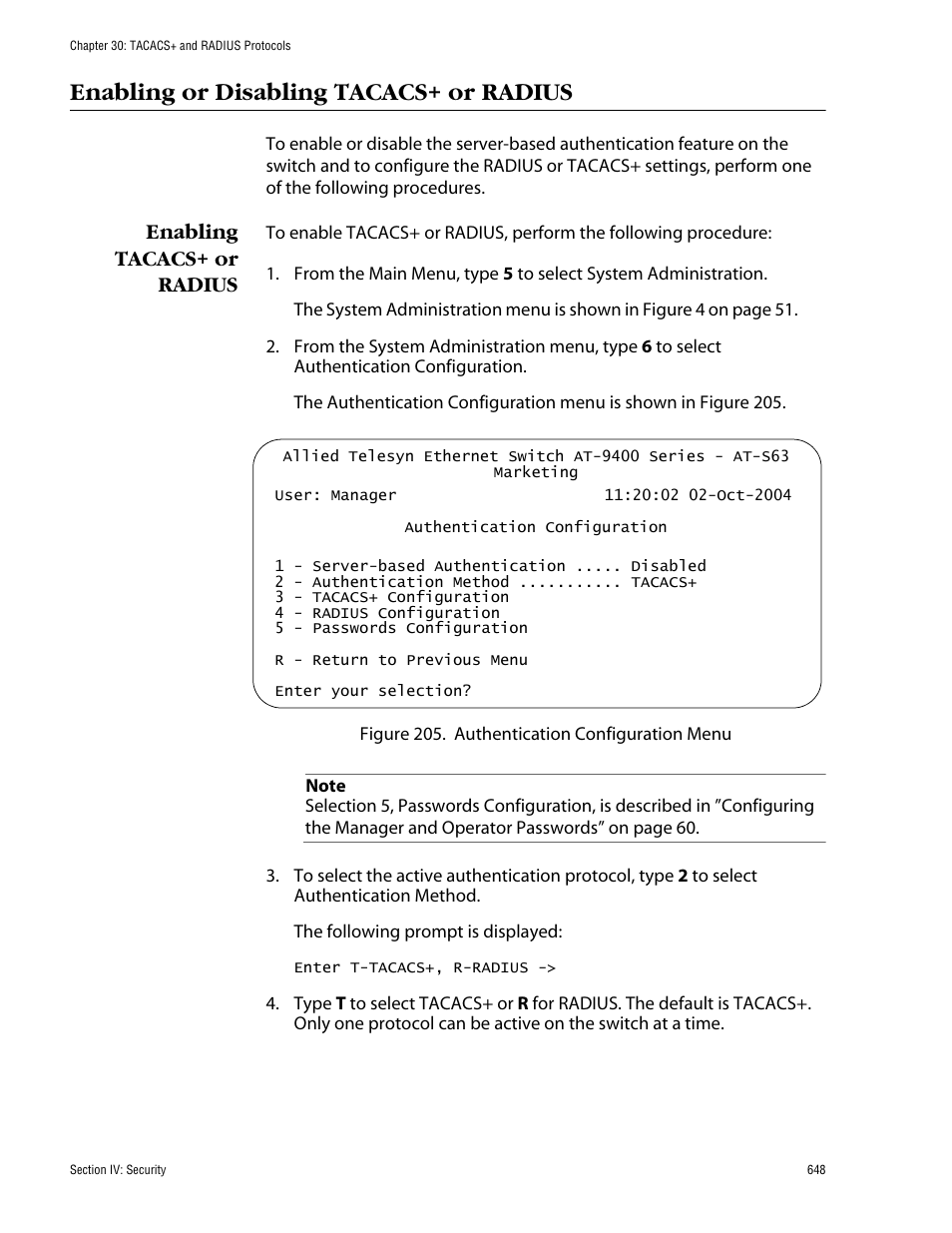 Enabling or disabling tacacs+ or radius, Enabling tacacs+ or radius | Allied Telesis AT-S63 User Manual | Page 648 / 710