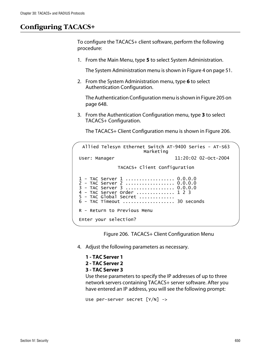 Configuring tacacs | Allied Telesis AT-S63 User Manual | Page 650 / 710