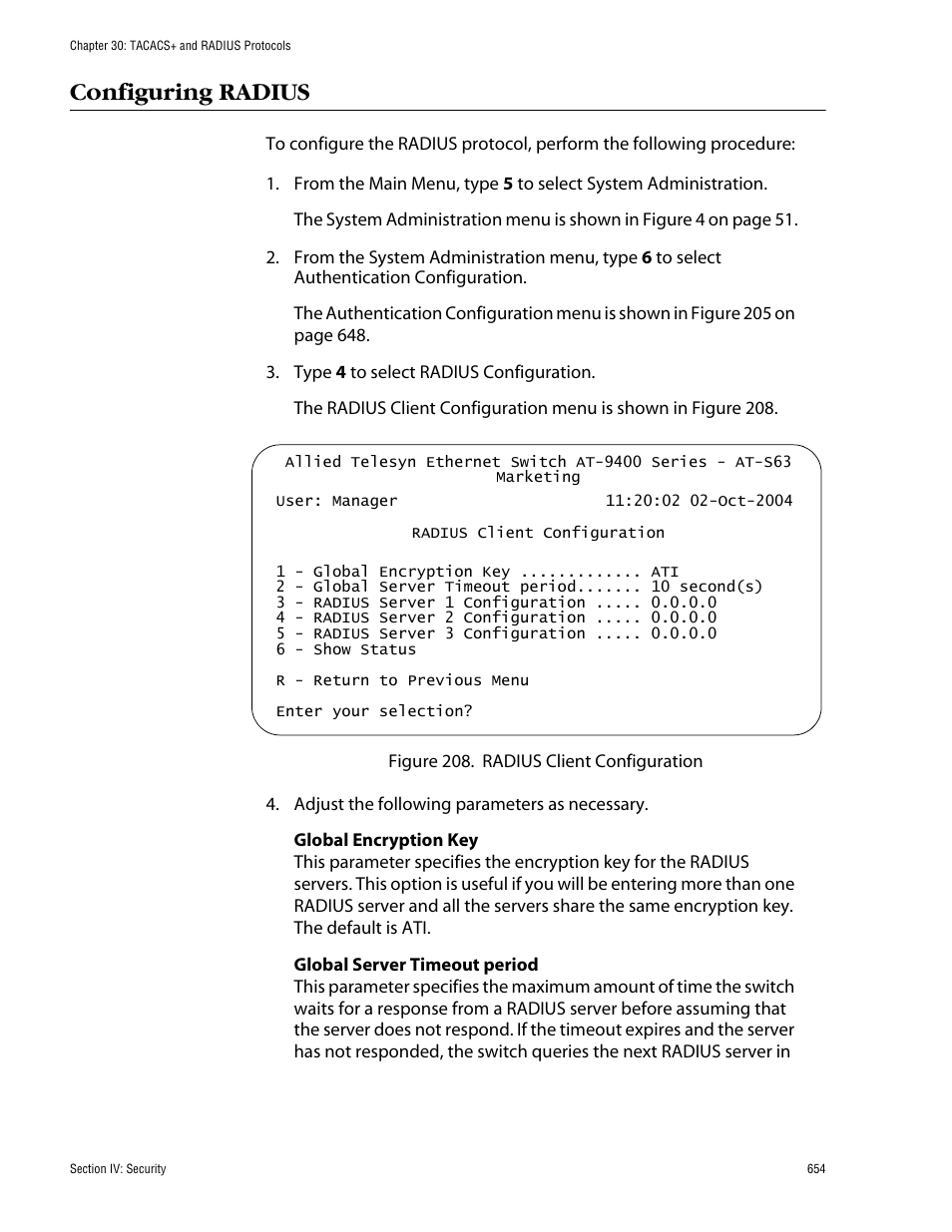 Configuring radius | Allied Telesis AT-S63 User Manual | Page 654 / 710