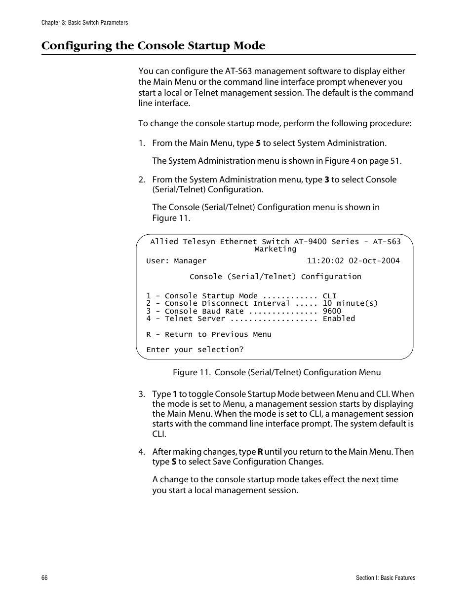 Configuring the console startup mode | Allied Telesis AT-S63 User Manual | Page 66 / 710