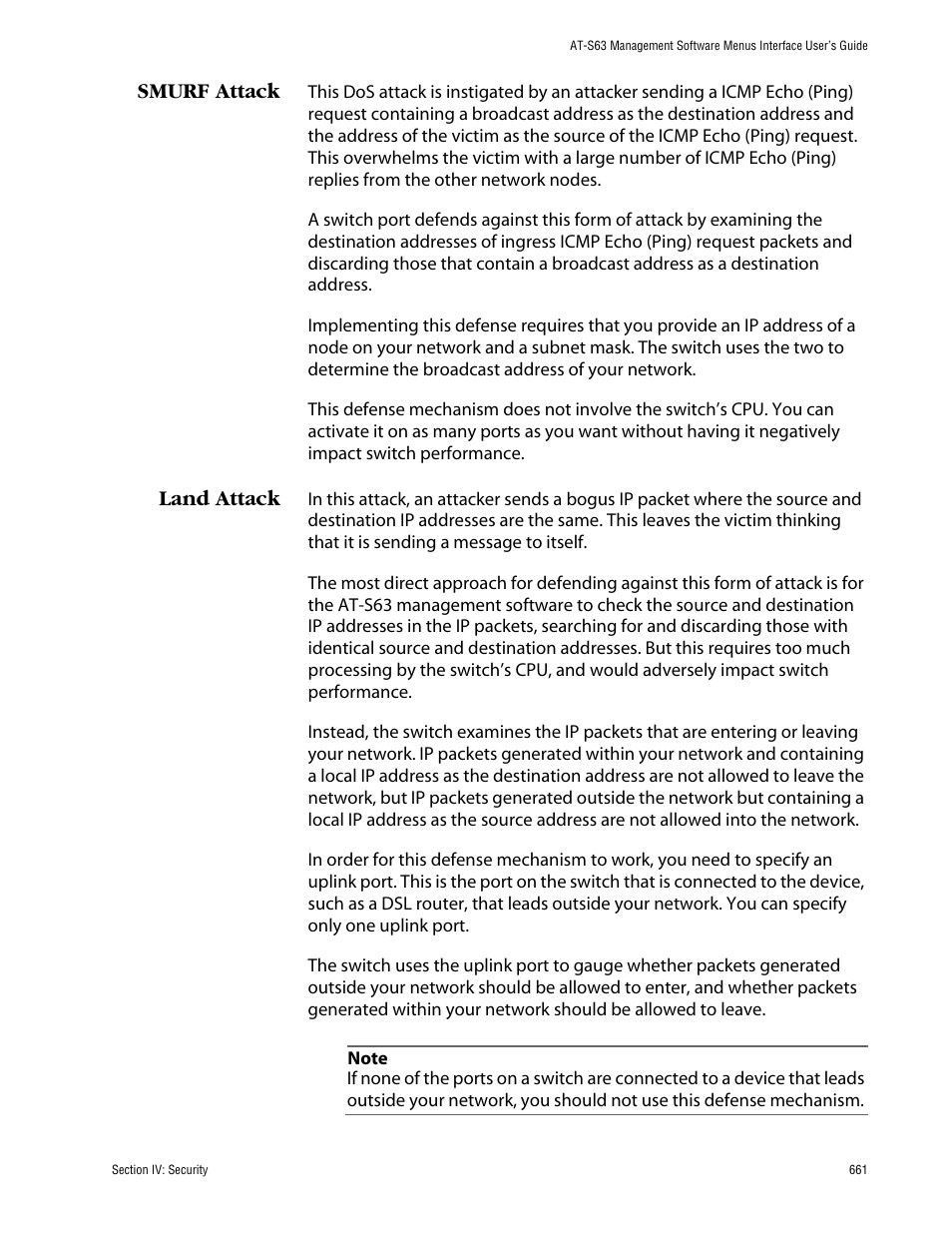 Smurf attack, Land attack, Smurf attack land attack | Allied Telesis AT-S63 User Manual | Page 661 / 710
