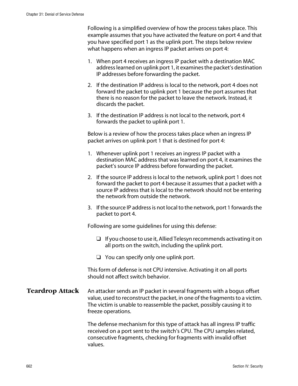 Teardrop attack | Allied Telesis AT-S63 User Manual | Page 662 / 710