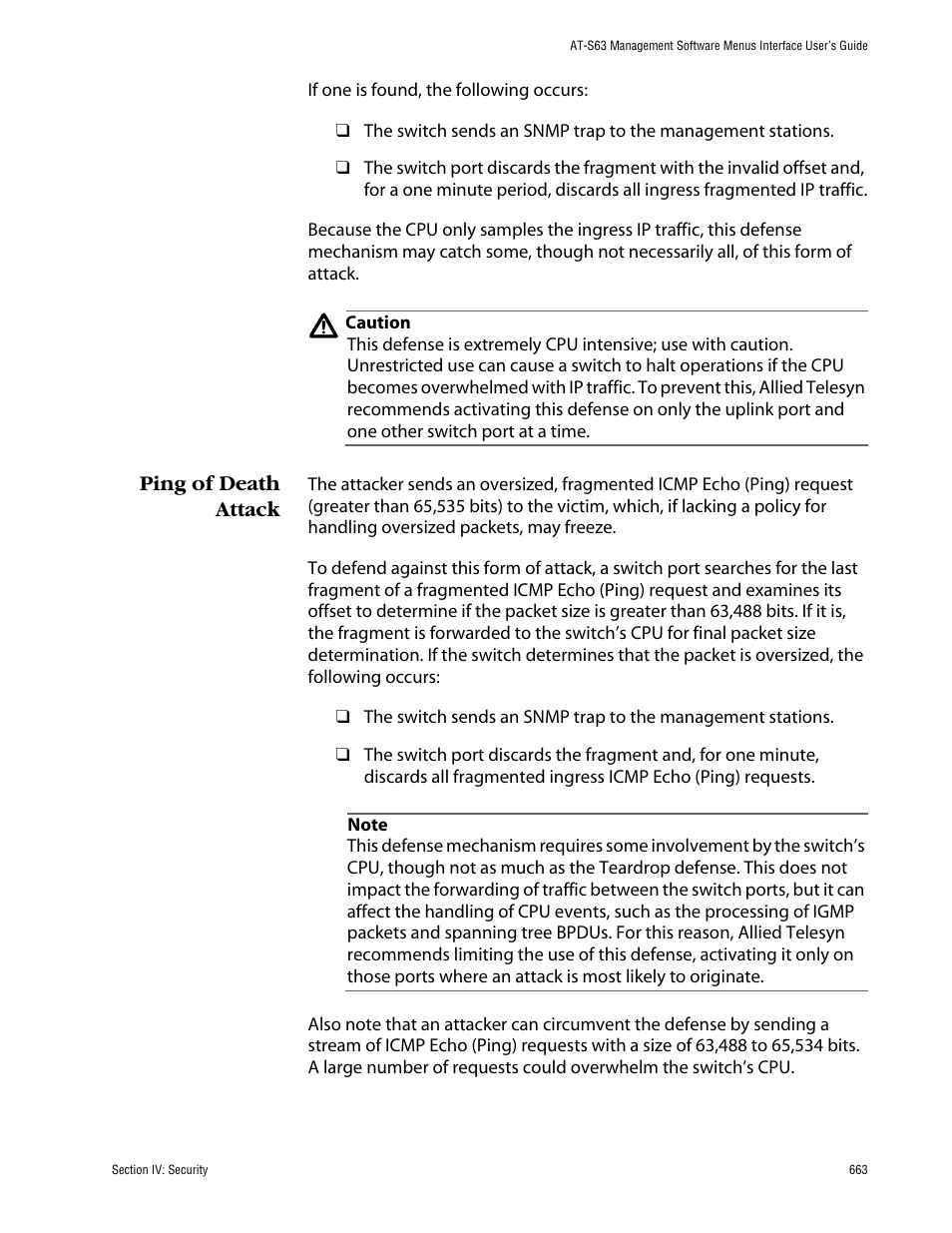 Ping of death attack | Allied Telesis AT-S63 User Manual | Page 663 / 710