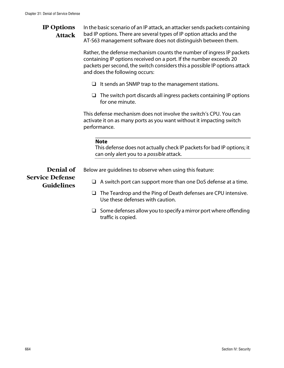 Ip options attack, Denial of service defense guidelines | Allied Telesis AT-S63 User Manual | Page 664 / 710