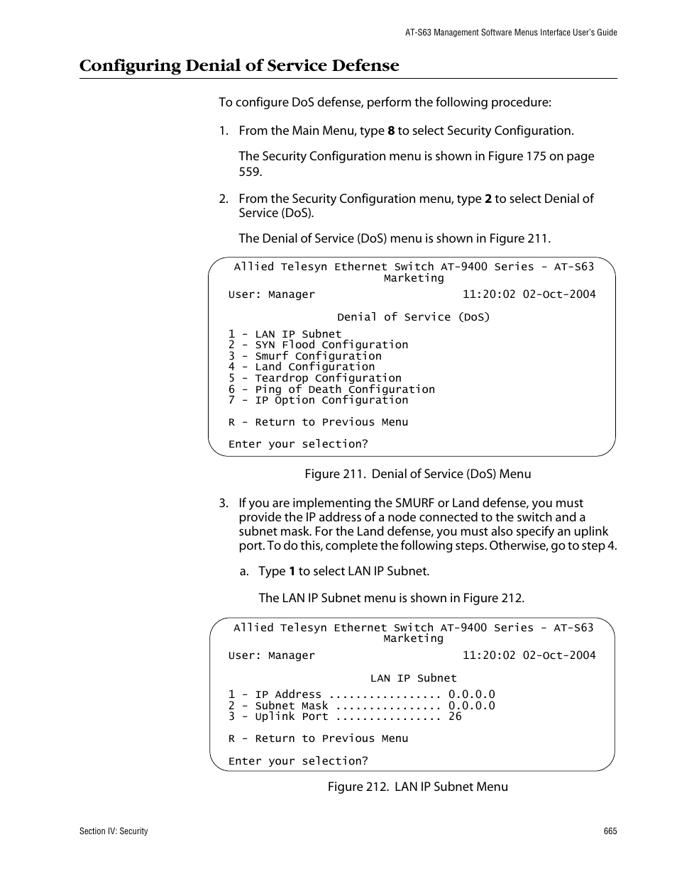 Configuring denial of service defense | Allied Telesis AT-S63 User Manual | Page 665 / 710