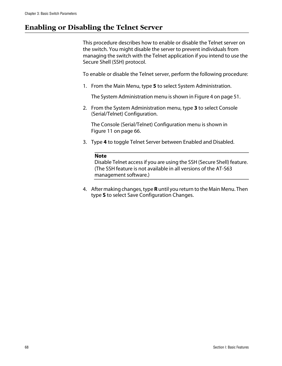 Enabling or disabling the telnet server | Allied Telesis AT-S63 User Manual | Page 68 / 710
